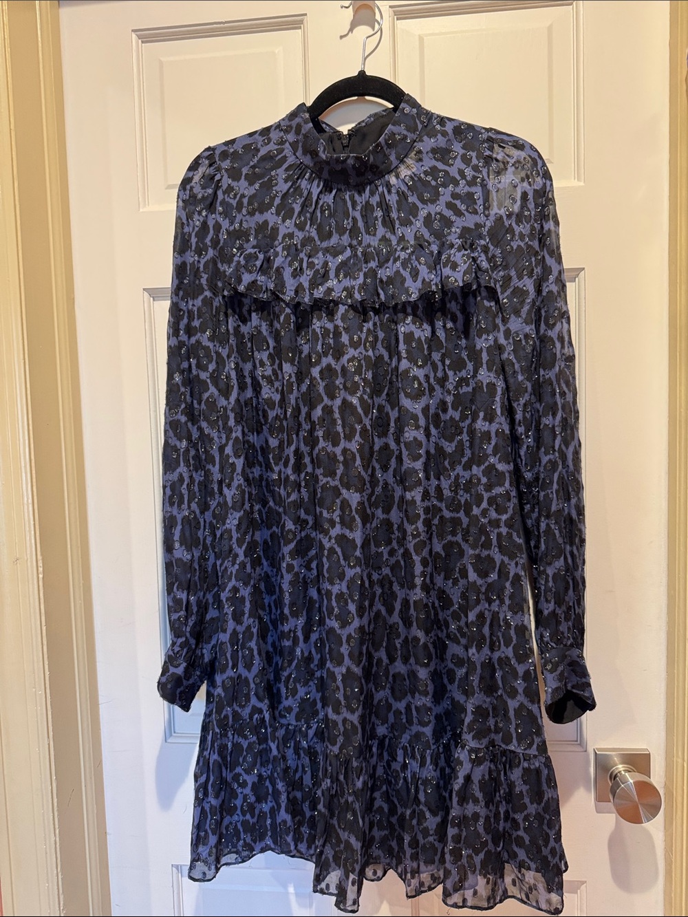 Navy Blue Leopard-Print Long Sleeve Ruffle Hem Dress